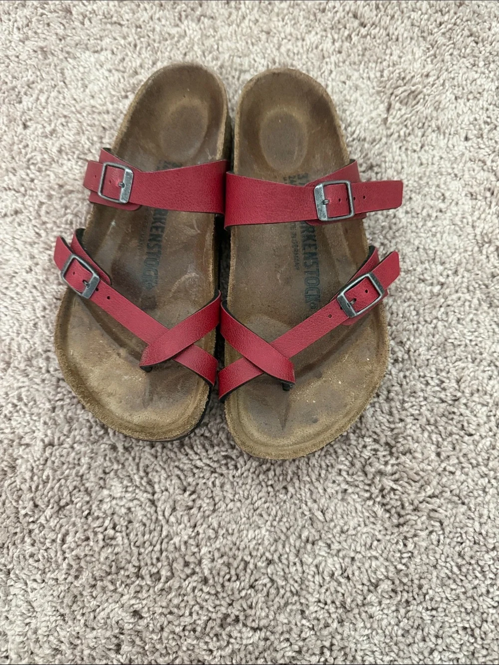Birkenstock Burgundy Triple-Strap Sandals with Buckles
